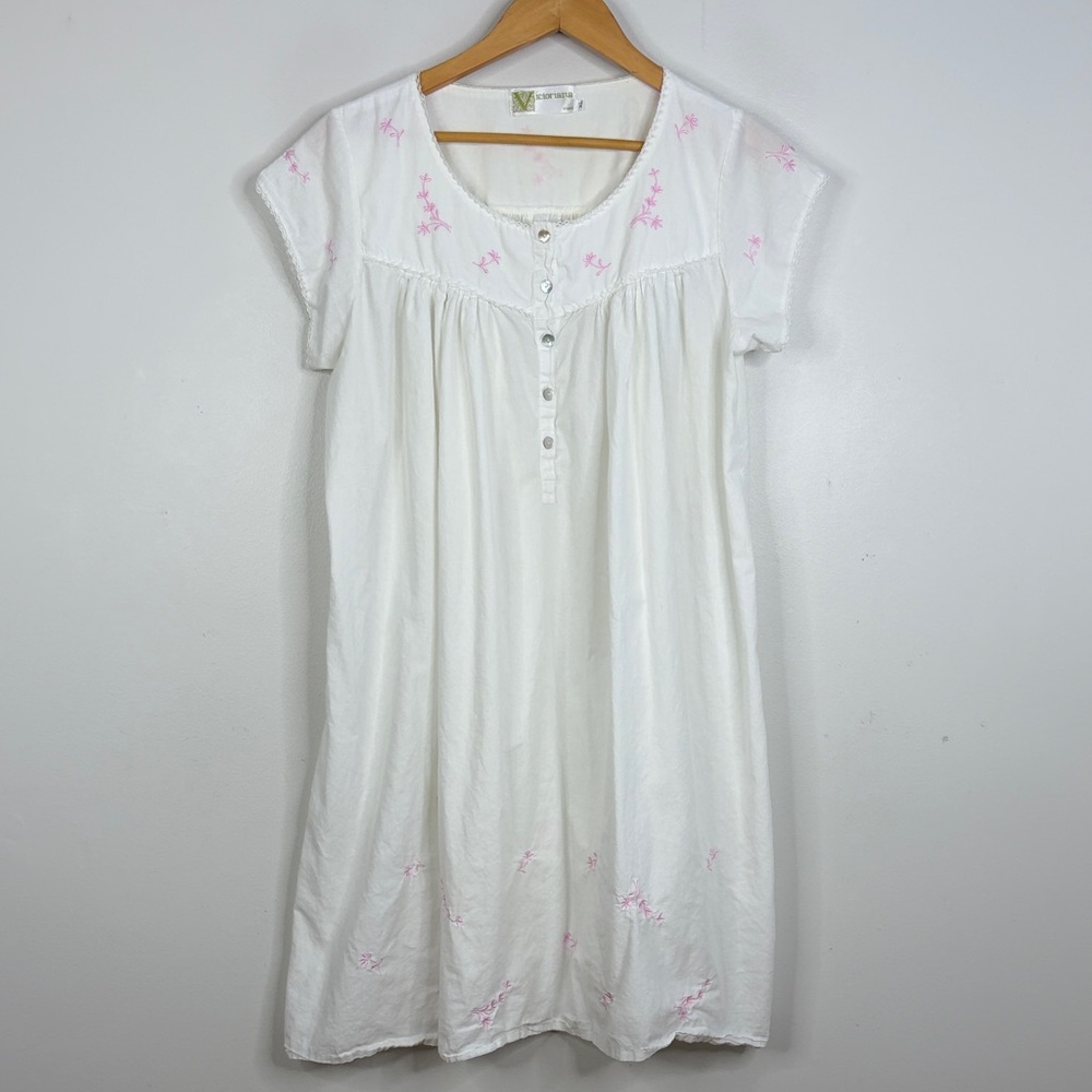 Cotton Nightgown Womens XL White Short Sleeve Pink Floral Heritage Victoriana